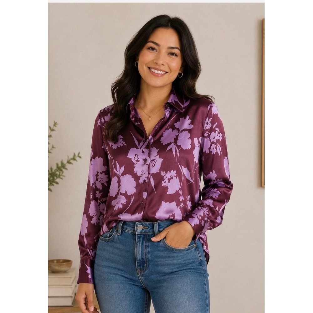 Bailey 44 Floral Satin Button Down Blouse Burgundy Lavender Long Sleeve Shirt xl